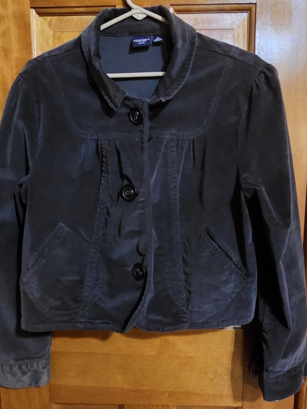 Velvet Corduroy Button-Front Cropped Women's Jacket in Charcoal